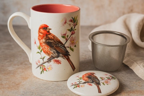 Kubek z sitkiem zaparzacz ceramika na urodziny ptak matowy