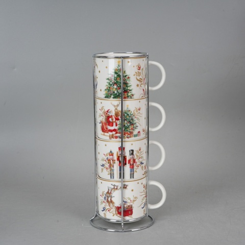 Kubki na stojaku prezent na święta 4szt choinka porcelana