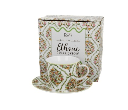 Filiżanka ze spodkiem do kawy porcelana ethnic fiori prezent