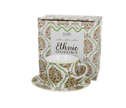 Filiżanka ze spodkiem do kawy porcelana ethnic fiori prezent