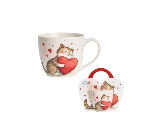Kubek na Walentynki porcelana kot zabawka w koszyczku