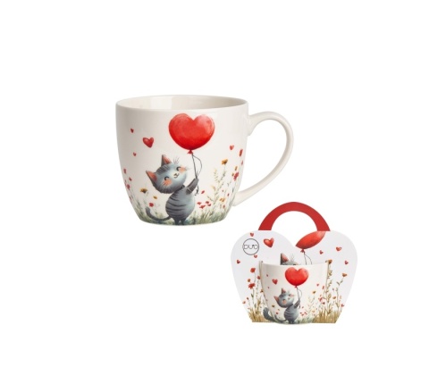 Kubek do herbaty porcelana kot balon w koszyku Walentynki
