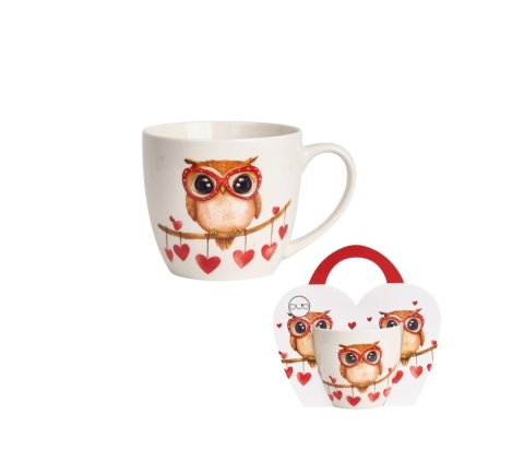 Kubek do kawy na Walentynki porcelana sowa obwoluta serca