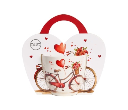 Kubek porcelana na Walentynki rower w koszyczku serca