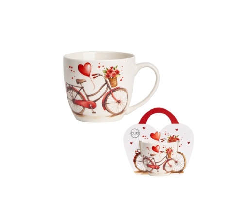 Kubek porcelana na Walentynki rower w koszyczku serca