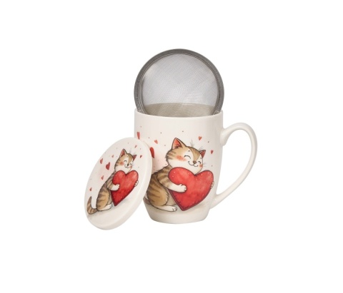 Kubek na Walentynki z sitkiem filtr Kot z sercami prezent