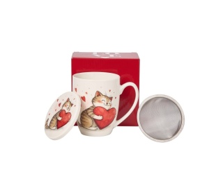 Kubek na Walentynki z sitkiem filtr Kot z sercami prezent
