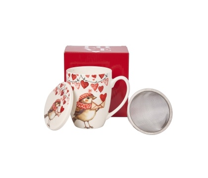 Kubek prezent na Walentynki z zaparzaczem Wróbel serca