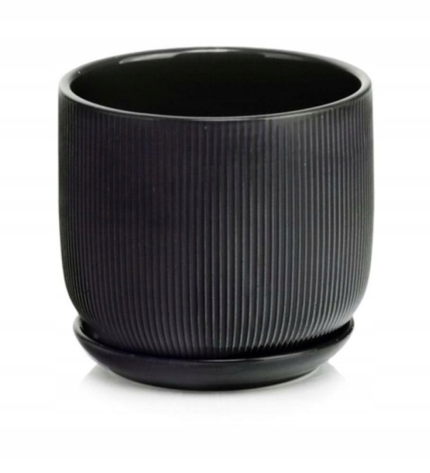 Donica ceramiczna z podstawką doniczka tłoczona czarna mat