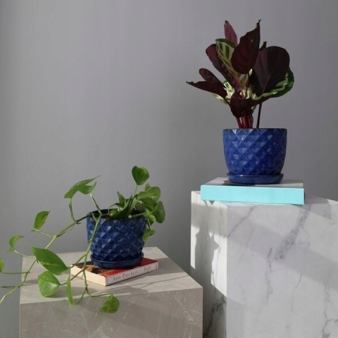 Doniczka donica ceramiczna z podstawką ogrodowa niebieska