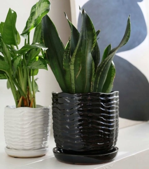 Doniczka czarna z podstawką donica ceramiczna ogrodowa