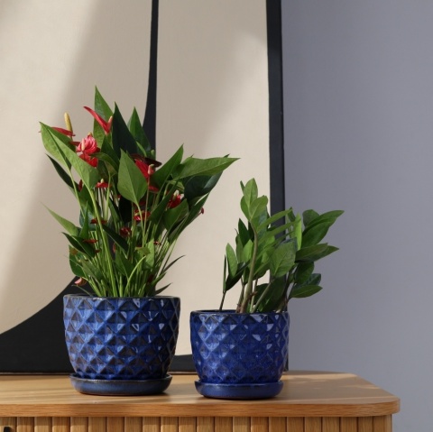 Doniczka donica z podstawką ceramiczna ogrodowa niebieska