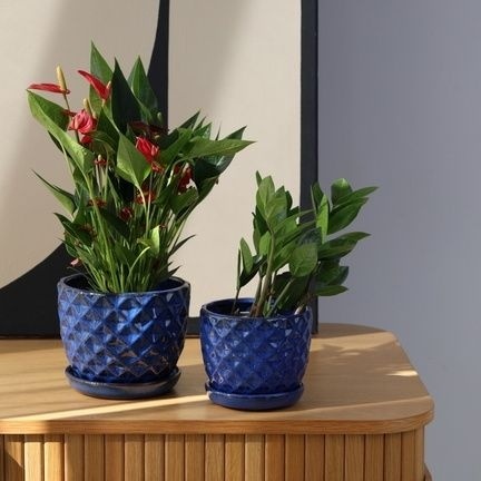 Doniczka donica z podstawką ceramiczna ogrodowa niebieska