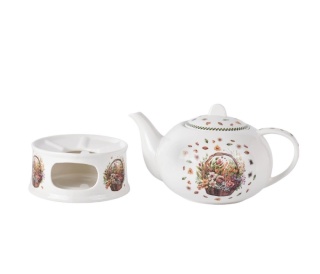 Imbryk dzbanek na podgrzewaczu kosz kwiaty polne crocus