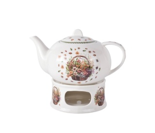 Imbryk dzbanek na podgrzewaczu kosz kwiaty polne crocus