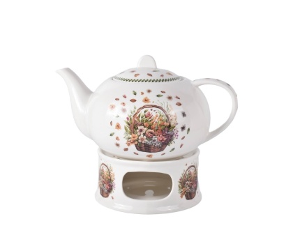 Imbryk dzbanek na podgrzewaczu kosz kwiaty polne crocus