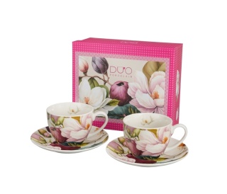 Filiżanki ze spodkami magnolie na prezent komplet 2 szt