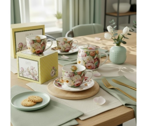 Filiżanki ze spodkami piwonie na prezent zestaw 2 szt duo