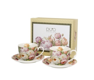 Filiżanki ze spodkami piwonie na prezent zestaw 2 szt duo