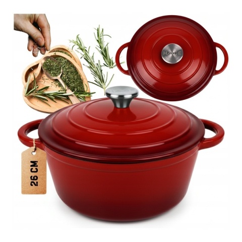 Garnek żeliwny emaliowany czerwony 5 l z pokrywką piekarnik