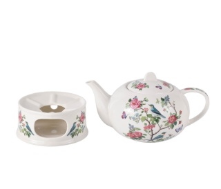 Dzbanek z podgrzewaczem imbryk ptaki na gałęzi crocus