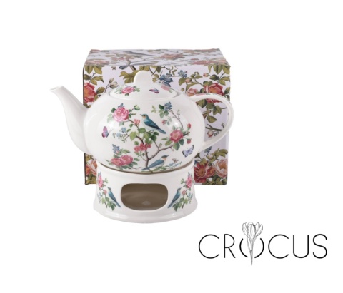 Dzbanek z podgrzewaczem imbryk ptaki na gałęzi crocus