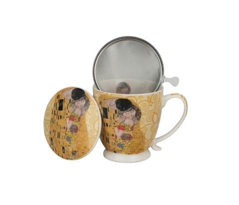Kubek duży zaparzacz prezent na stopce Klimt pocałunek ecru