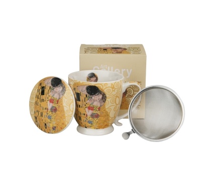 Kubek duży zaparzacz prezent na stopce Klimt pocałunek ecru