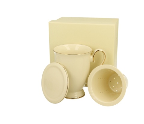 Kubek zaparzacz pokrywka Victoria ecru porcelana na prezent