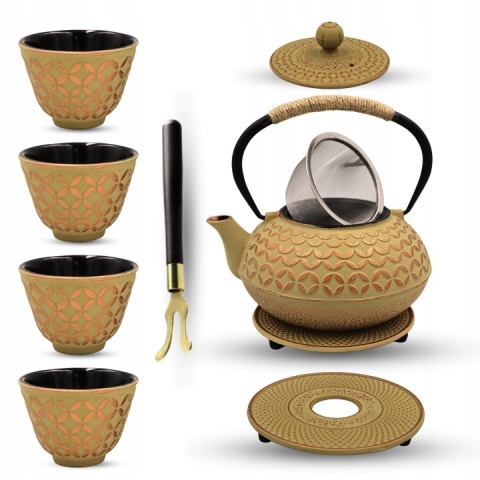 Dzbanek żeliwny 4 czarki do herbaty z zaparzaczem 0,9l złoty