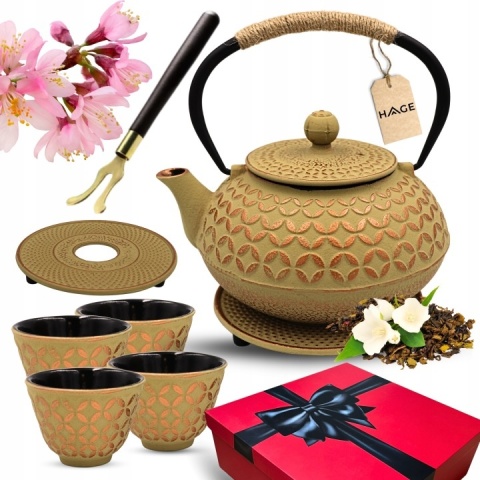 Dzbanek żeliwny 4 czarki do herbaty z zaparzaczem 0,9l złoty