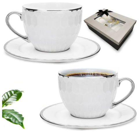 Filiżanki komplet kawowy srebrne bella fiore 2szt porcelana