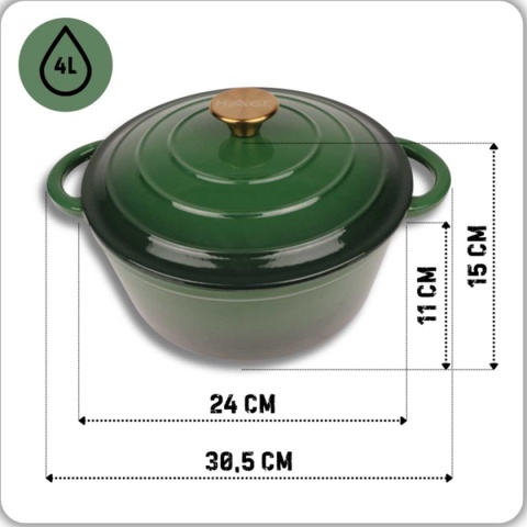 Garnek emaliowany żeliwny z pokrywką 4 l indukcja zielony