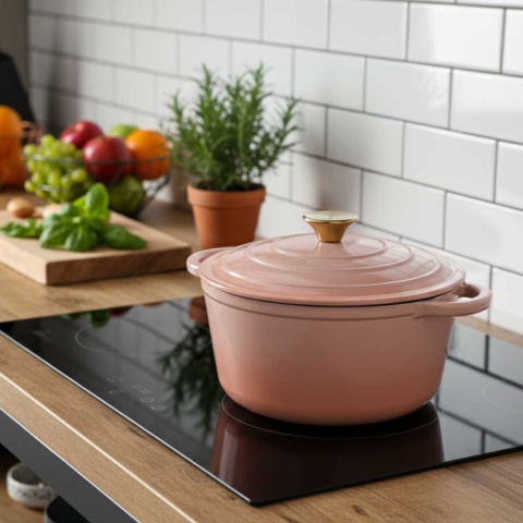 Garnek żeliwny z pokrywką emaliowany 4 l indukcja różowy