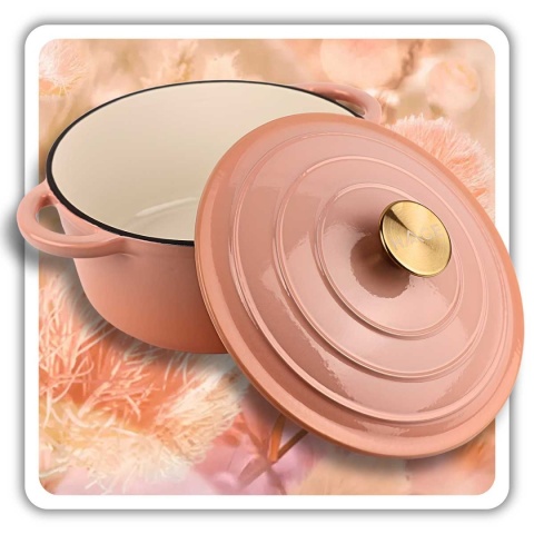 Garnek żeliwny z pokrywką emaliowany 4 l indukcja różowy