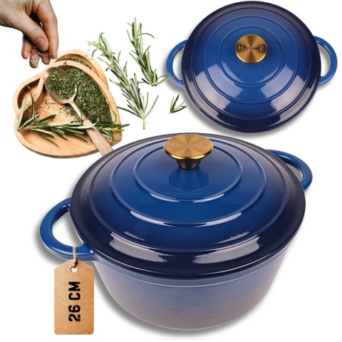 Garnek żeliwny emaliowany niebieski 5 l z pokrywką piekarnik