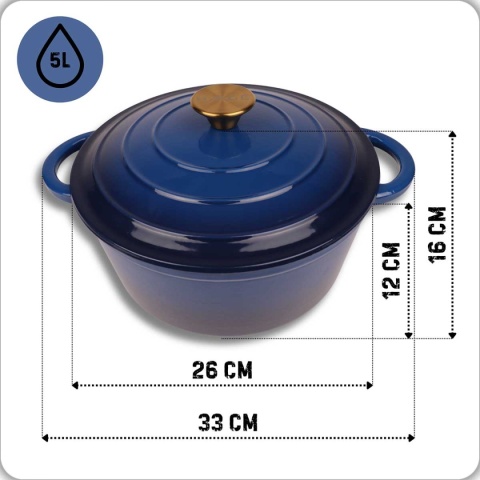 Garnek żeliwny emaliowany niebieski 5 l z pokrywką piekarnik
