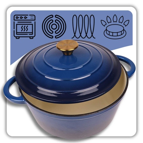 Garnek żeliwny emaliowany niebieski 5 l z pokrywką piekarnik