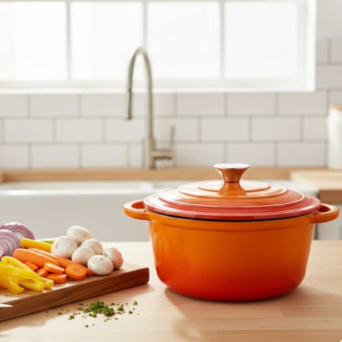 Garnek żeliwny emaliowany pomarańcz 5 l z pokrywką piekarnik