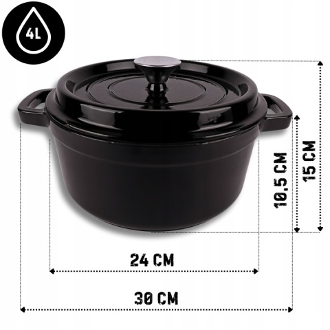 Garnek czarny żeliwny emaliowany z pokrywką 4 l indukcja