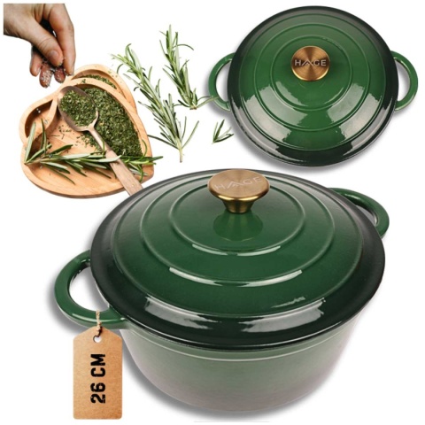 Garnek zielony żeliwny emaliowany 5 l z pokrywką piekarnik