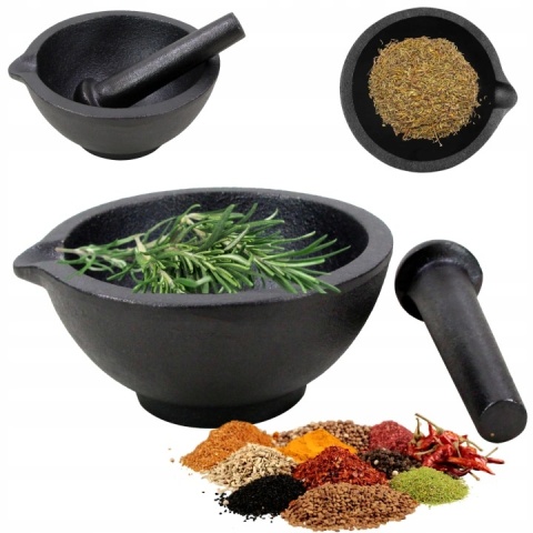 Moździerz żeliwny do ziół przypraw ręczny czarny tłuczek