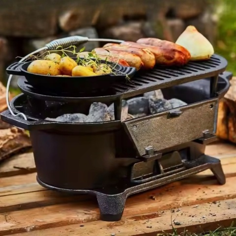 Grill węglowy z rusztem żeliwnym turystyczny ogrodowy hibachi 43x23cm