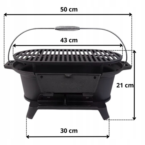 Grill węglowy z rusztem żeliwnym turystyczny ogrodowy hibachi 43x23cm