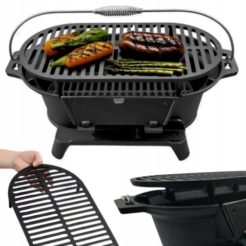 Grill węglowy z rusztem żeliwnym turystyczny ogrodowy hibachi 43x23cm