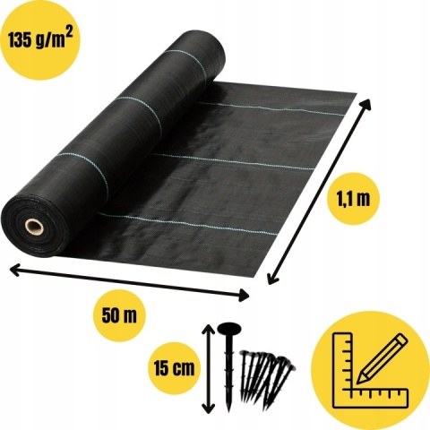Agrowłóknina 135g czarna UV 1,1x50m mata antychwastowa + kotwy agrotkanina