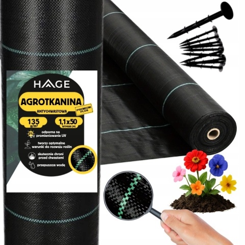 Agrowłóknina 135g czarna UV 1,1x50m mata antychwastowa + kotwy agrotkanina