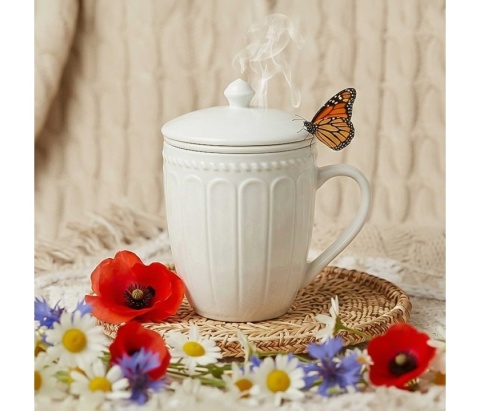 Kubek zaparzacz pokrywka Twilight biały porcelana na prezent do herbaty ziół