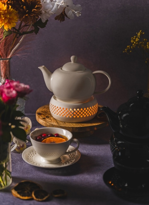 Podgrzewacz ceramiczny stojak pod imbryk garnek na świeczkę biały ażurkowy wzór