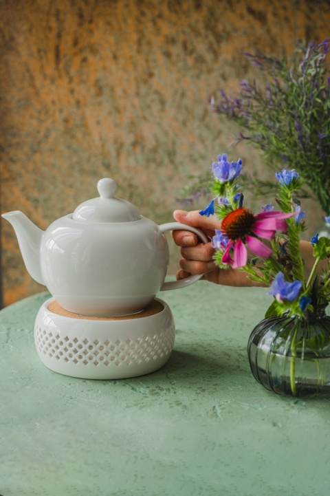 Podgrzewacz ceramiczny stojak pod imbryk garnek na świeczkę biały ażurkowy wzór